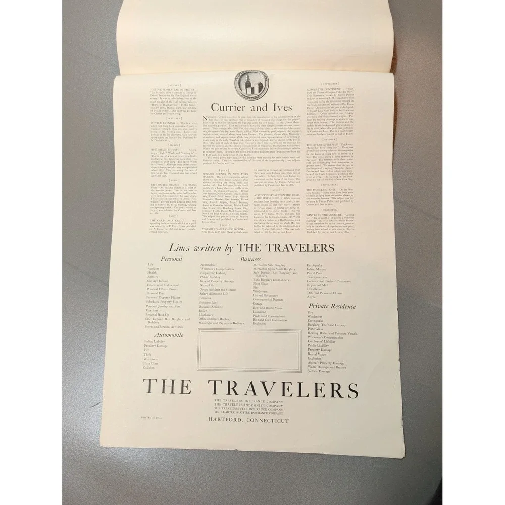 Vintage 1937‎ Travelers Insurance Calendar Currier and Ives Lithographs 16x22